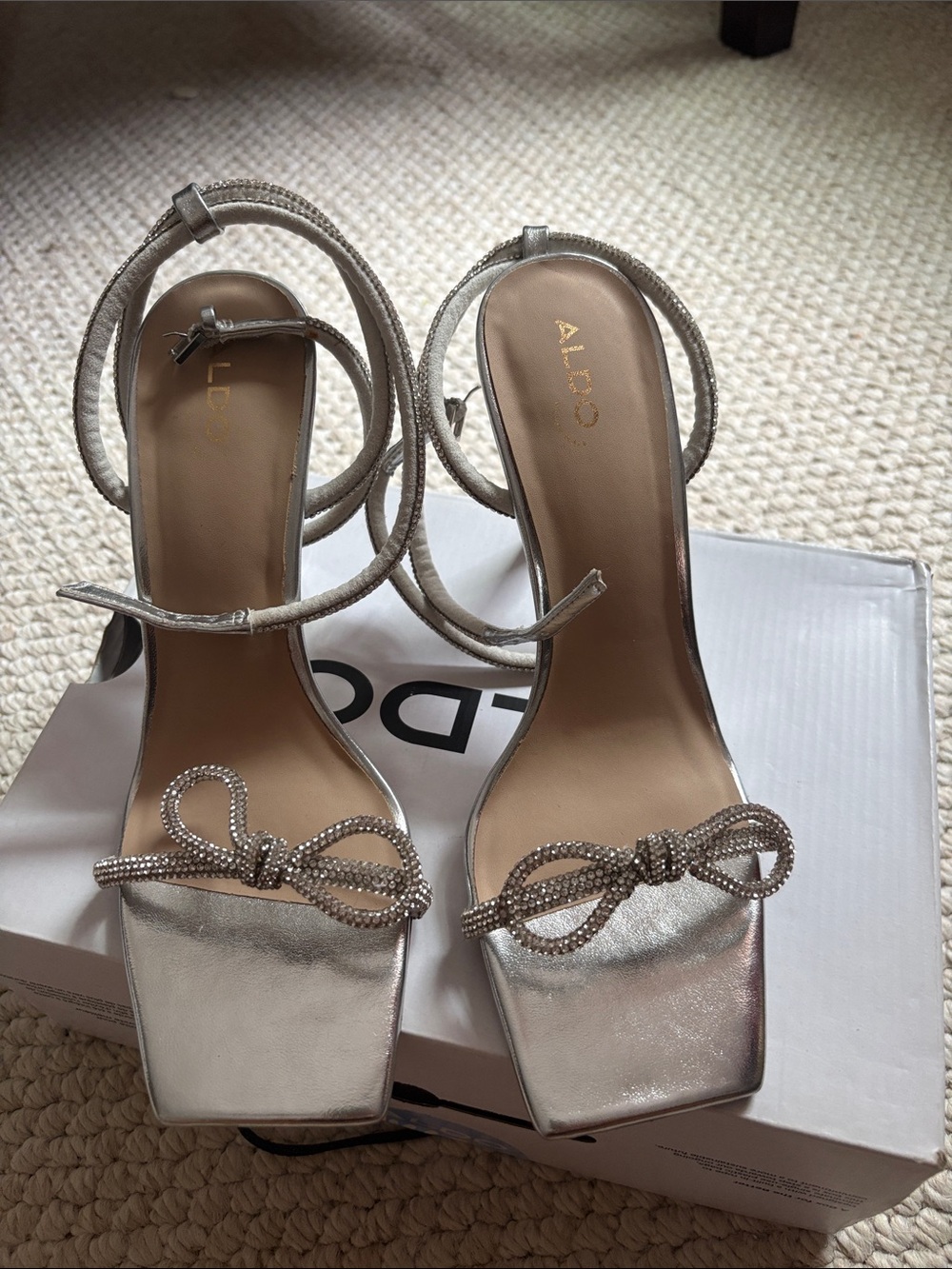 Aldo Silver Metallic Bow-Strap Heeled Sandals
